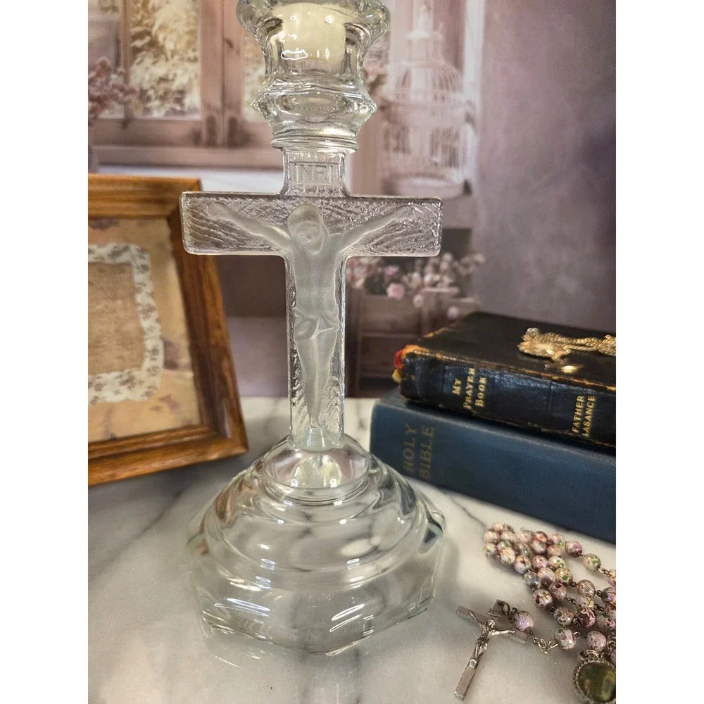 Vintage Glass‎ Crucifix Candle HolderJesus Religious Decor Altar